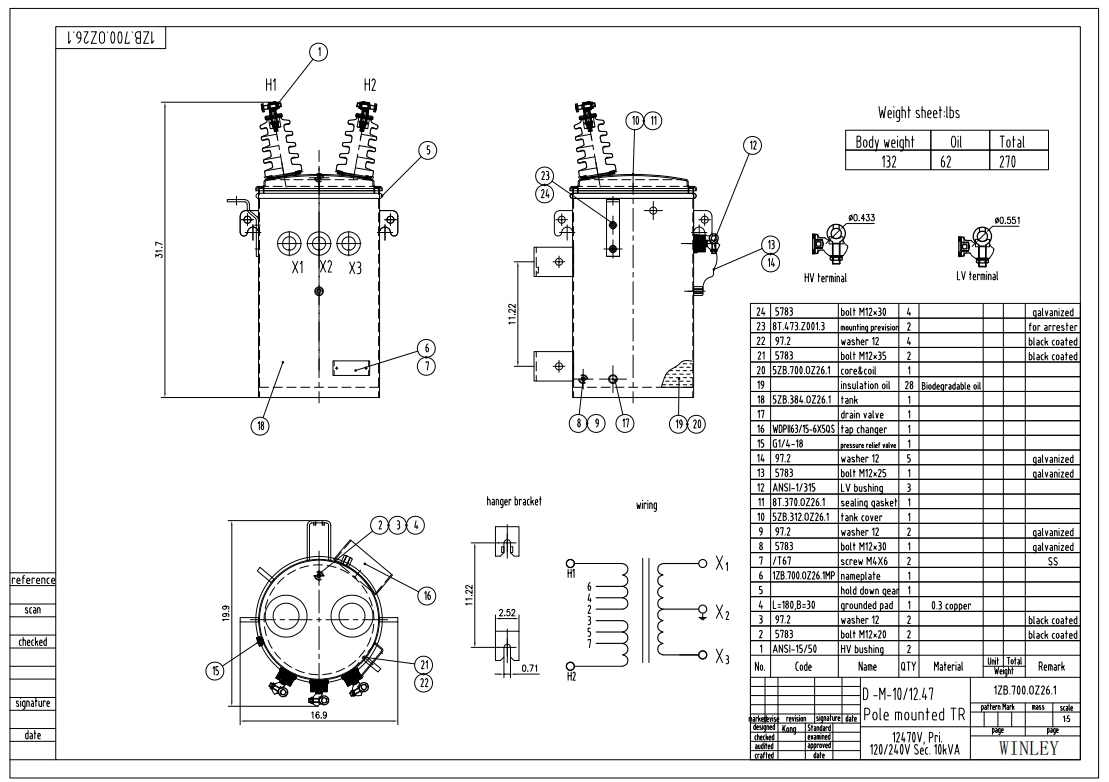 10Kva Single Phase Pole Mounted Distribution Transformer 12470V To 240V