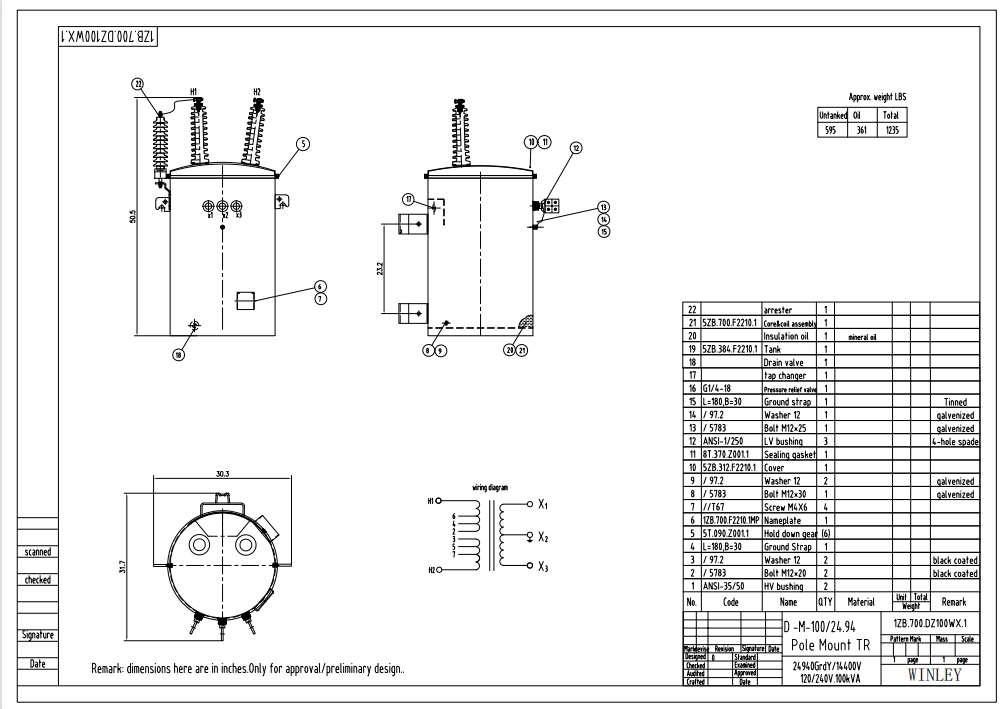 100kva Single Phase Electrical Pole Mounted Type Distribution Transformer Oil Immersed 24.9KV To 240V  Drawing