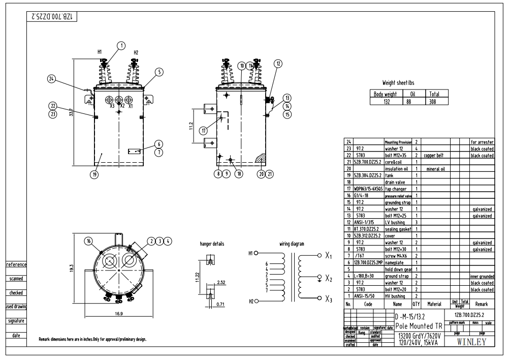 15 KVA Single-Phase Pole-Mounted Transformer Drawing