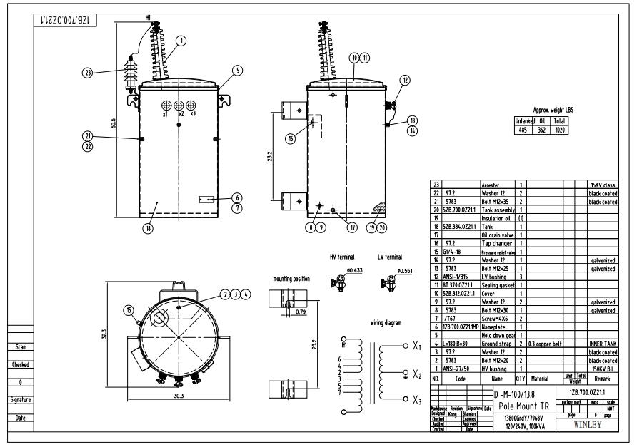 100KVA Single Phase Pole Mounted Overhead Distribution Transformer ANSI ...