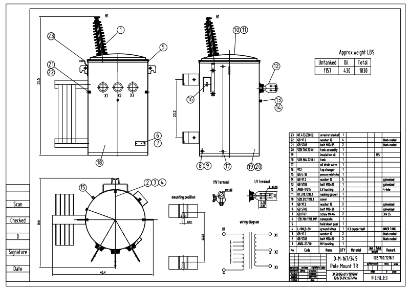 Single Phase Pole Mounted Distribution Transformer Dual Winding 167Kva ...