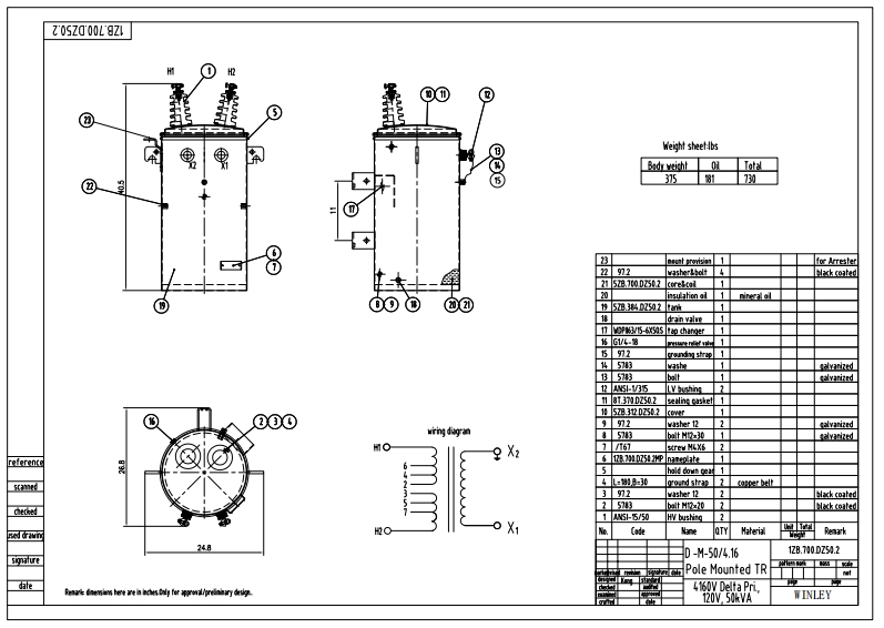 50 KVA Single Phase Power Pole Transformer Distribution Drawing