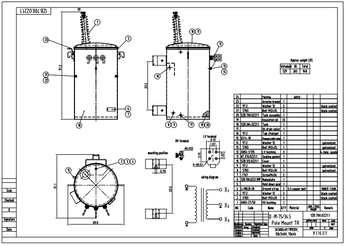 75KVA Single Phase Pole Mounted Step Down Outdoor Transfomer Drawing 75KVA Single Phase Pole Mounted Step Down Outdoor Transfomer Drawing